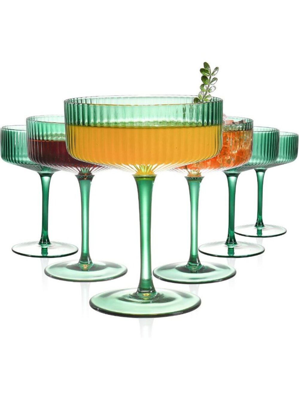 Set of 6 Ribbed Green Coupe Glasses - Elegant Martini & Champagne Glassware for